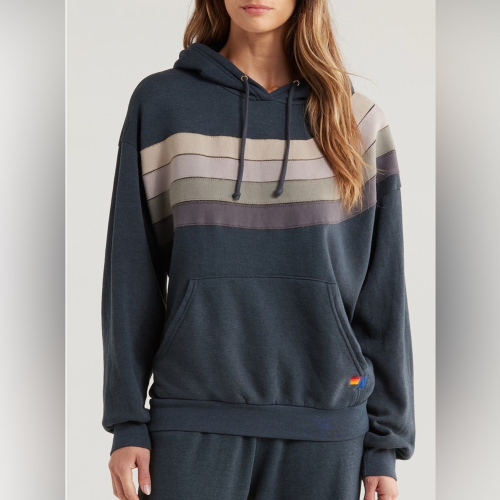 Women's Navy Hooded Sweatshirt with Neutral Stripe Detail